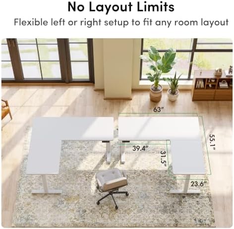 FEZIBO 63" x 55" L-Shaped Standing Desk - Adjustable Corner Desk L Shape, L-Shaped Adjustable Desk with Splice Board, L Shape Standing Desk, White