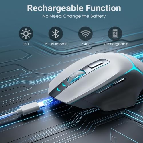 JOYACCESS Wireless Gaming Mouse, Supports Bluetooth/2.4g/Wired Connections 12500 DPI, 1000hz, Rechargeable, 20m Clicks, 6 Buttons, RGB Backlit Ergonomic Mouse for Windows/Mac Gamers (Silver-Gray)