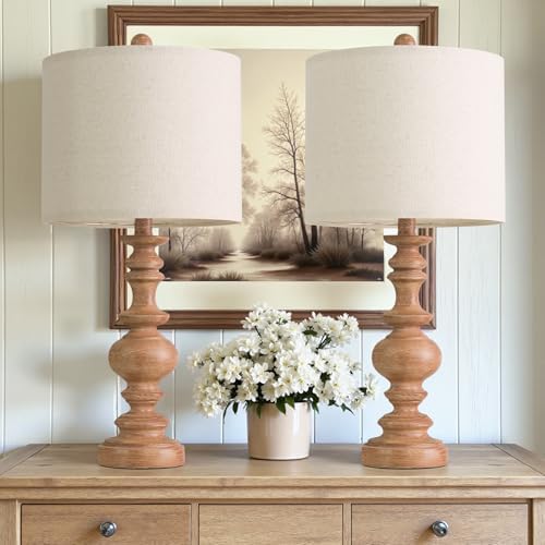 BOBOMOMO 24" Farmhouse Table Lamps Set of 2 – Rustic Light Brown Resin Bedside Lamps with Linen Shades, Medium Size Nightstand Lamps for Bedroom, Living Room, and Entryway, Ideal for Warm, Cozy Spaces
