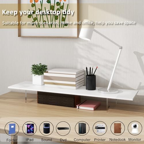 Monitor Stand Riser,Wood & Acrylic Computer Monitor Stand with LED Light,Desk Accessories Desktop Organizer Stand for Computer,Laptop,Printer,PC & TV Screen Riser… (All White)