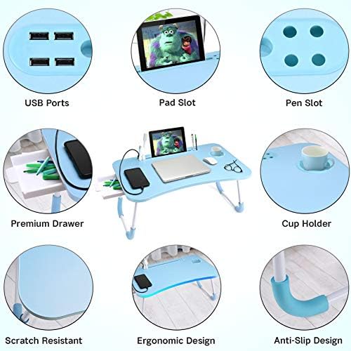 Slendor Bed Desk for Laptop and Writing with Storage, Cup Holder, Light