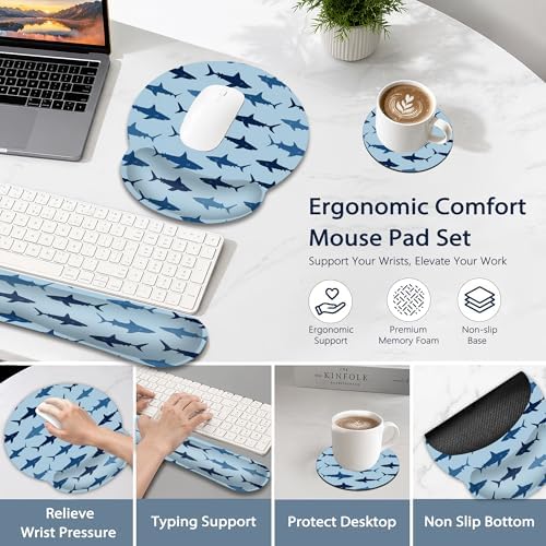 Wrist Rest Mouse Pad and Keyboard Support Set,Cute Shark 3 in 1 Ergonomic Memory Foam Mousepad with Non Slip Base, Gaming Mouse Pad for Office and Home