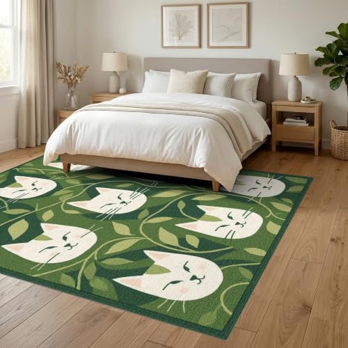 6'x9' Green Cat Forest Faces Interlinked by Washable Area Rug