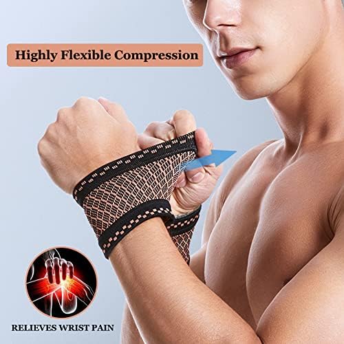 Copper Wrist Compression Brace (2Pcs), Elastic Wrist Support Sleeve Wrist Braces for Tendonitis, Arthritis, Carpal Tunnel Pain Relief, Soft Wrist Wrap Wristbands for Sport, Fitness, Workout, Typing(M)