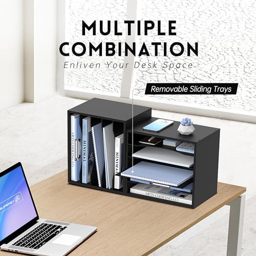 5 Tier Wood Desk Organizer, Mail Sorter and Paper Organizer for Desk, Black
