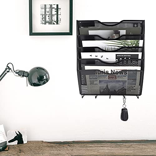 EASEPRES 5 Pocket Mesh Hanging File Organizer with Key Holder Hooks & Nametag Label, Wall Mounted Mail Paper Document Folder Storage Organization Magazine Rack for Office Cubicle, 5 Tier Black