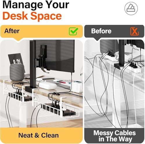3 Pack Cable Management Under Desk Tray, 47.1" No Drill Under Desk Wire Management with Upgraded Clamp, Metal Cord Organizers with Cable Organizers, PC Cord Organization Rack, White