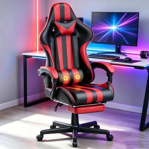 Huracan Gaming Chair with Footrest, Adjustable Ergonomic Computer Office Chair with Lumba Pillow, Video Game Computer Chairs for Adults, Racing Style Reclining Backrest Office Desk Chairs, Red