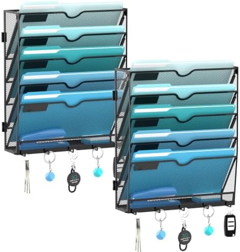 2 Pack 6 Tier Wall File Organizer - Hanging File Organizer with 5 Hooks, Mail Holder Wall Mounted for Papers, Folders, Magazines, Bills, Office&School Organization, Black
