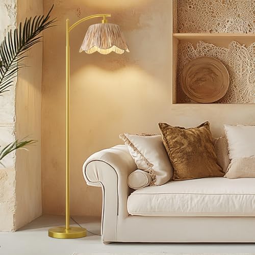 Oneach Arc Floor Lamp for Living Room,Rattan Boho Floor Lamp Decor with Hand-Woven Shade, Foot Switch,Gold Metal Base & Pole,Farmhouse Standing Lamp for Bedroom Corner,Reading