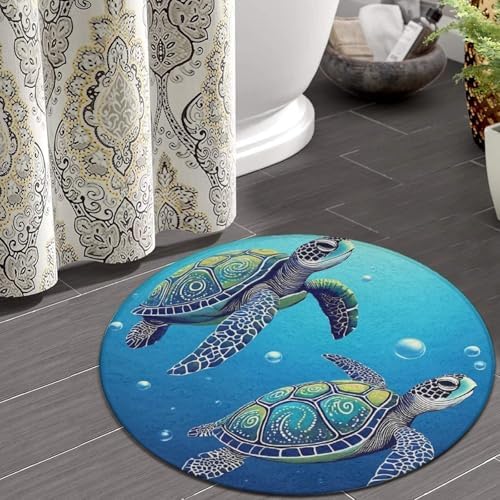 Fashion Round Area Rug Large Non Slip Carpet, Abstract Tortoise Blue Sea Turtle Unisex Home Decor Mat