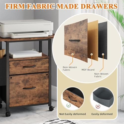 Simple Deluxe 2 Drawer File Cabinet with 24" Extended Desktop, Mobile Filing Cabinet, Rolling File Cabinet with Side Bag, Fabric Drawer, Fits A4/Letter Size, Printer Stand Home Office, Brown