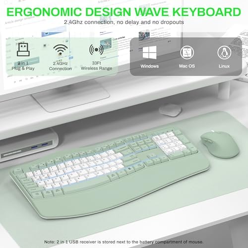 Wireless Keyboard and Mouse Combo,2.4G Ergonomic Wave Keys(Avocado Green-B)