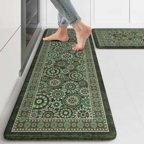 KIMODE Anti Fatigue Kitchen Mats for Floor 2 Piece, Green Boho Kitchen Rugs