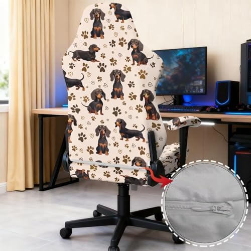 Dachshund Paw Heart Print Gaming Chair Cover with Armrest Covers Stretchable Anti Scratch Furniture Protector Washable Gaming Chair Slipcover