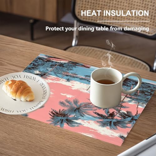 Beach Vacation Seaside Relaxation Linen Placemats, Palm Lined Shore Nautical Charm Table Mats for Table Washable Heat Insulation Thick Dining Mat, Indoor/Outdoor 12X18 in 4 Pcs