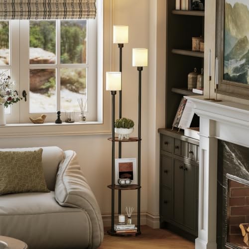 Floor Lamp with Shelves, 3-Light Standing Lamp with 3 Color Temperatures LED Bulbs, 3-Tier Shelf Vintage Floor Lamp with Table, Foot Switch Tall Lamp for Living Room, Bedroom, Study, Office