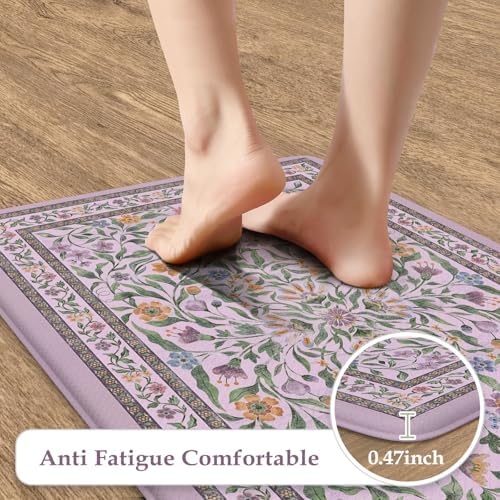 KIMODE Anti Fatigue Kitchen Mats,Purple Boho Floral Kitchen Rugs Sets of 2