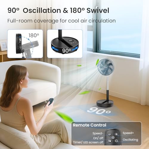 TriPole Portable Standing Fan, 8000mAh Rechargeable Oscillating Fan with Remote, 8.1'' Quiet Pedestal Floor Fan with LED Display & Timer, Foldable Small Desk Fans for Bedroom, Office, Camping, Travel