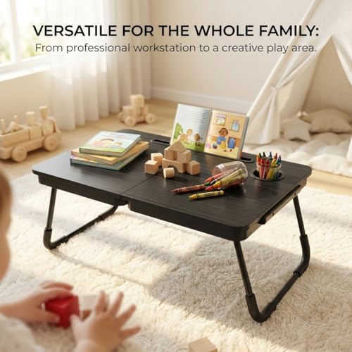 BUYIFY 23.4" Foldable Lap Desk Bed Table with Cup Holder Tray Black
