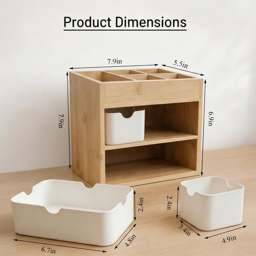 Bamboo 3-Drawer Makeup Organizer, Mortise & Tenon Vanity Box Desk Organizer