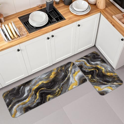 Tyrot Gold Black Kitchen Mats for Floor 2 Pcs 17.3"X28"+17.3"X47"