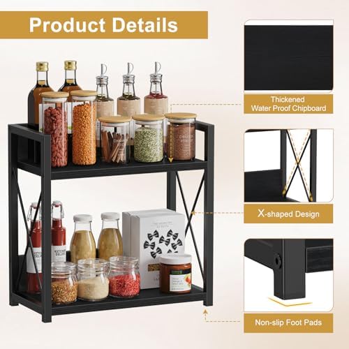 Giikin Kitchen Countertop Organizer, 2 Tier Coffee Bar Organizer, Black Spice Rack for Counter, Kitchen Counter Shelves, Particleboard,15.8" L x 7.9" W x 15.8" H (Black, L)