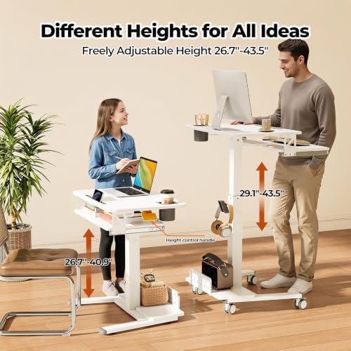 28" Rolling Standing Desk with Keyboard Tray and Podium, White