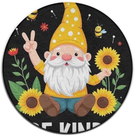 Large Home Decor Mat, Soft Round Yoga Carpet, Non Slip Machine Washable Home Office Circle Rug Be Kind Sunflower Gnome