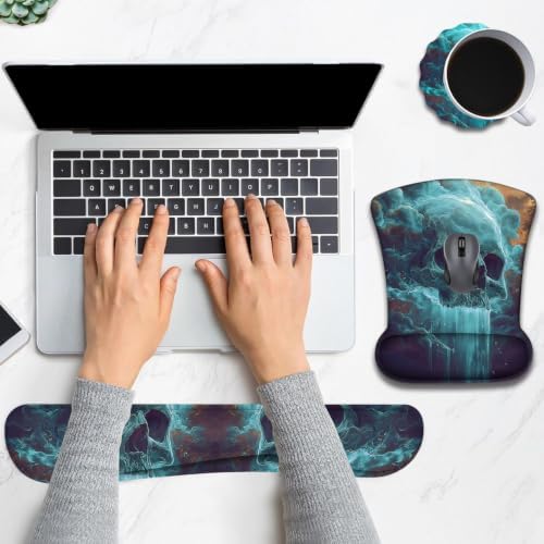 Ergonomic Keyboard Wrist Rest & Mouse Wrist Support Set with Lace Coaster, Gel Memory Foam Anti-Slip Base, Pain Relief for Typing, Mystical Skull