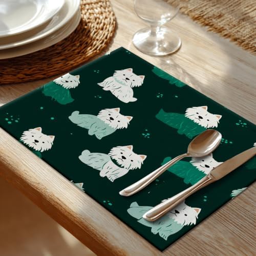 Shrahala Cute Dog in Dark Green Placemats, White Dogs Spots Table Mat Linen Burlap Washable Double-Deck Heat Insulation for Dining/Kitchen Table Set of 8 (12 X 18 Inch)