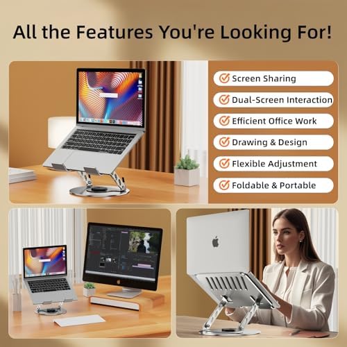 360° Rotatable Height-Adjustable All-Metal Dual-Bar Laptop Stand, Anti-Slip Heat-Dissipating for MacBook Pro/Air (10-17"), Tablet, Gaming, Office, Home, Drawing - Gray
