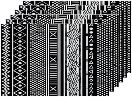 Shrahala Traditional African Geometric Placemats, Black and White Tribal Ethnic Table Mat Linen Burlap Washable Double-Deck Heat Insulation for Dining Table Kitchen Table Set of 6 (12 X 18 Inch)