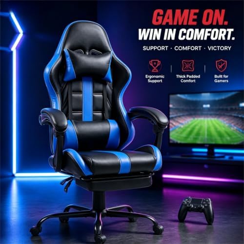 Gaming Chair with Ergonomic Footrest & Massage Lumbar Support, Blue
