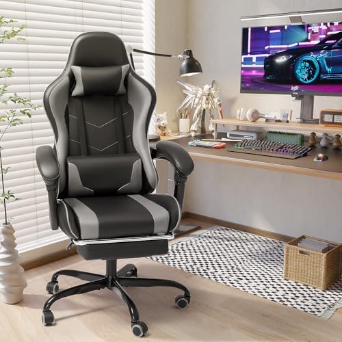 Shahoo Gaming Chair with Footrest and Massage Lumbar Support, Video Racing Seat Height Adjustable with 360°Swivel and Headrest for Office or Bedroom, Grey