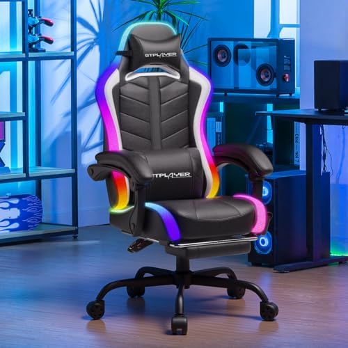 GTPLAYER Gaming Chair, Computer Chair with RGB LED Lights, High Back Ergonomic Chair for Adults with Footrest and Linkage Armrests& Headrest Lumbar Support (w/BT Speakers)