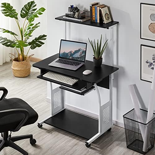 Yaheetech Small Rolling Computer Desk with Hutch and Storage Shelves, Black
