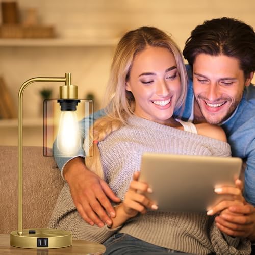 Nintiue Industrial Touch Table Lamps Set of 2-2 USB Ports & AC Outlet Nightstand Lamps, 3-Way Dimmable Bedside Desk Lamp for Living Room Bedroom, Glass Shade & 2 LED Bulbs Included - Brass