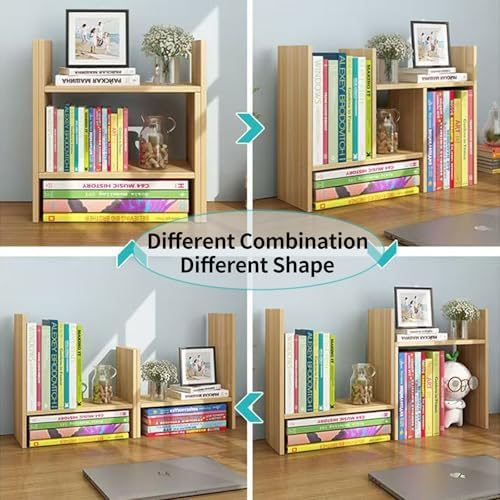 Desktop Shelf Organizer, Adjustable Wood Office Storage Rack, Counter Display Small Bookshelf for Home/Office/School(Light Walnut)