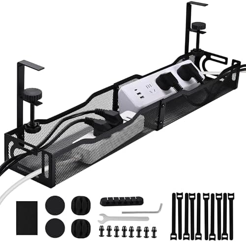 Under Desk Cable Management Tray 25.3 Inch, Clamp-On Cable Organizer Box for Standing Desks, No Drill Cord Management Under Desk, Large Desk Wire Organizer for Office & Home, Black