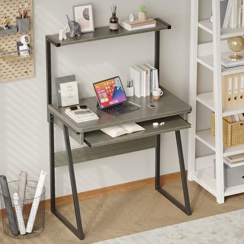 ALISENED 2 Tiers Small Computer Desk for Small Space, Compact Laptop Table Workstation with Keyboard Tray
