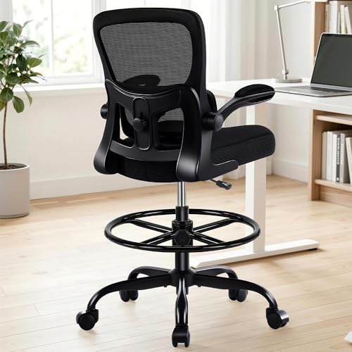 AreShark Drafting Chair - Ergonomic Tall Office Chair with Lumbar Support and Flip-up Armrests - High Standing Desk Chair Breathable Mesh with Adjustable Footrest Ring and Height for Home Office