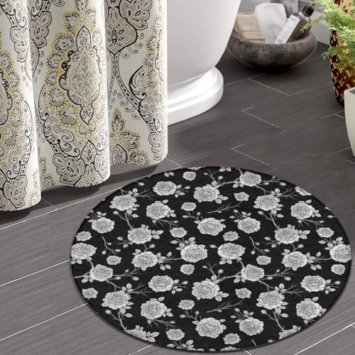 Men's Large Home Decor Mat, Soft Round Yoga Carpet, Non Slip Machine Washable Home Office Circle Rug Black Roses Pattern, 24inch