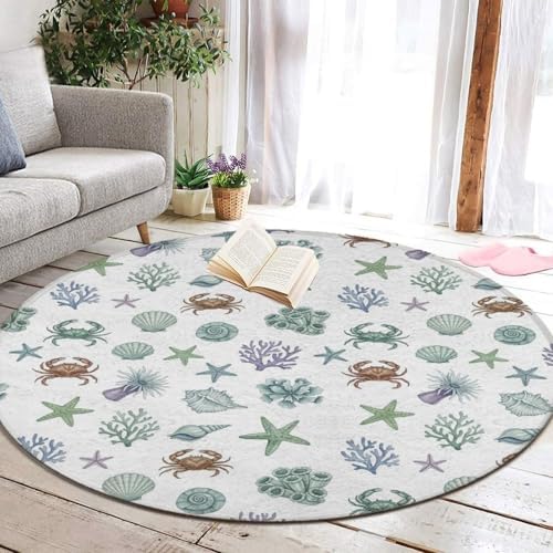 Large Machine Washable Circular Rugs, Home Decor Round Mat for Living Room Sofa Office Under Sea Ocean Starfish Shell Coral Crab Watercolor, 36inch