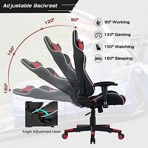 GYMAX Gaming Chair, Massage Gaming Chairs for Adults with Headrest, Lumbar Support & Armrest, Video Computer Reclining Gaming Chair, Office Desk Gamer Task Chair (Red with Black X-Shape Desk)