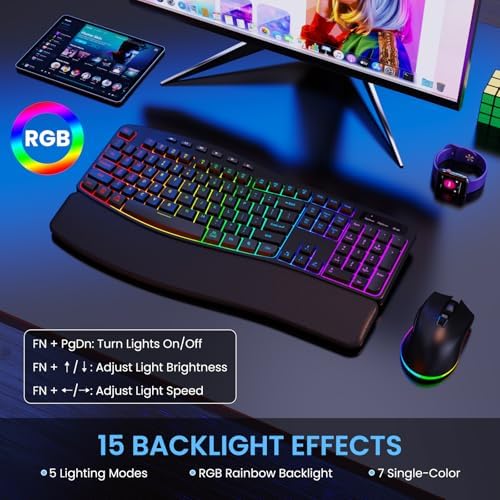 RGB Wireless Keyboard Mouse Combo with Ergonomic Wave, Silent Rechargeable