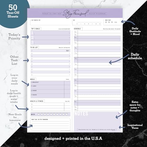 Daily Notepad Planner Schedule To Do List - Stay Focused 50 Tear Off Premium USA (Purple Taro)