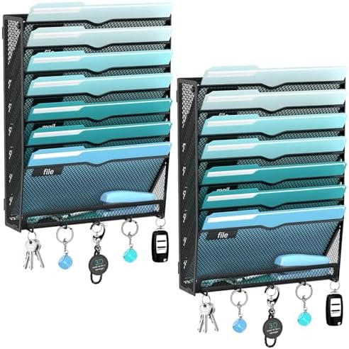 8-Tier Wall File Organizer and Mail Organizer with 5 Hooks, 2 Pack