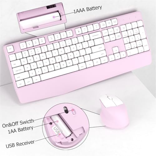 Ergonomic Wireless Keyboard and Mouse Combo with Wrist Rest (White Pink)