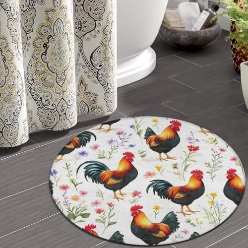 Soft Round Yoga Carpet, Office Chair Decor Round Mat for Carpet and Hardwood Floors Floral Flowers Chickens